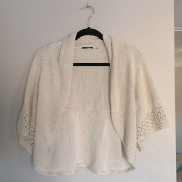 Sweaters - Tahari half sweater shrug. Cream with gold threading and half flutter sleeve.